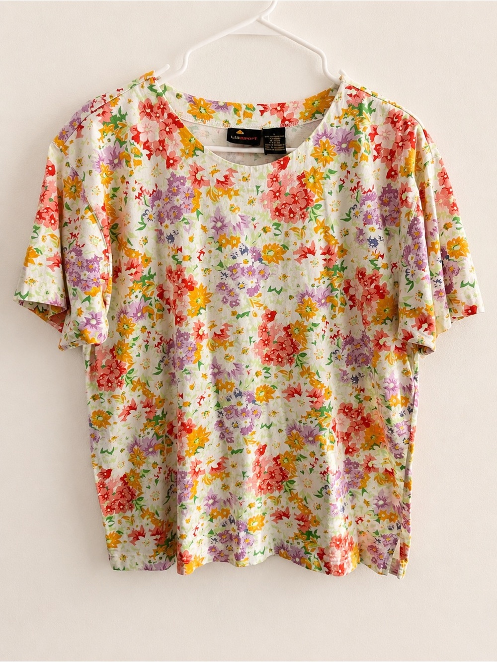 Vintage Liz Sport 100% Cotton Floral Garden Print Short Sleeve Top Large
